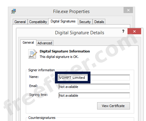 Screenshot of the VOMPT Limited certificate